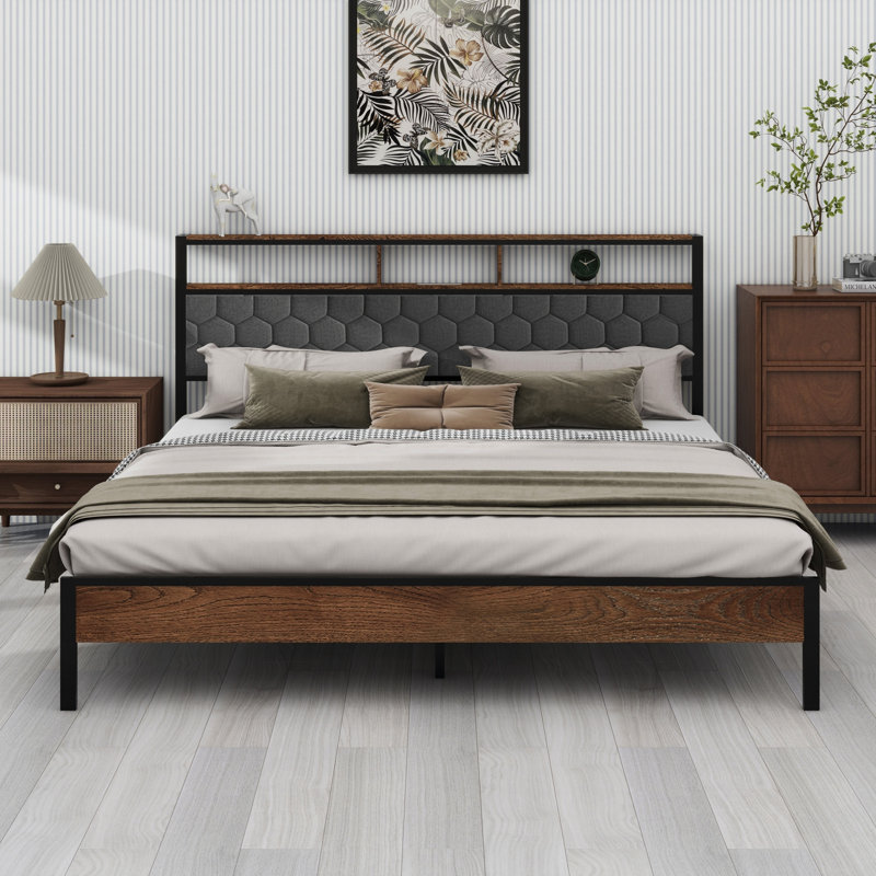 Base de lit plateforme en bois, chevet avec emballage souple et 2 pièces, grand espace de rangement au bas du lit, Très grand