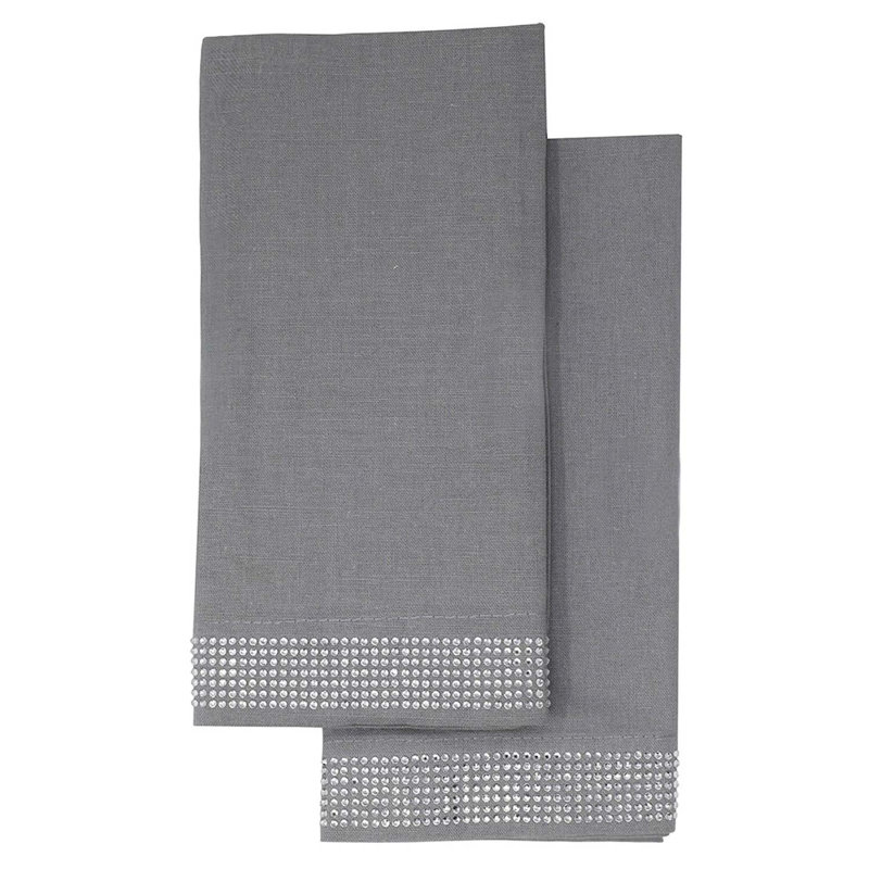 Sparkles Home | Ensemble de serviette à rayures Rhinestone | Carré 20 po | Mélange de coton et lin | Ensemble de 2, Gris