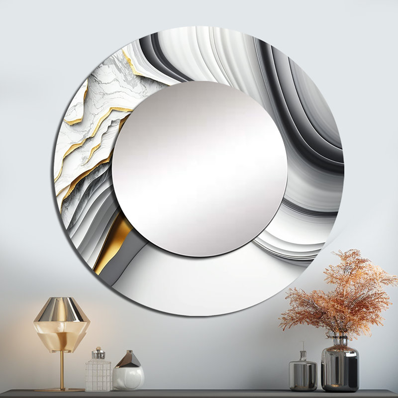 Pavé abstrait Geode Waves Gray I - miroir abstrait, miroir mural rond gris, impression sur métal, 29 po x 29 po