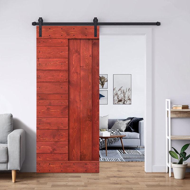 Porte de grange à panneaux et en bois avec quincaillerie d'installation, 38 po x 84 po, Rouge cerise