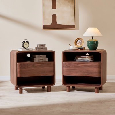 Modern Nightstand W/open Shelf Storage, Mid Century Night Stand Set Of 2, With Drawer, Curved Profile, Wood Bedside End Table For Bedroom, Walnut