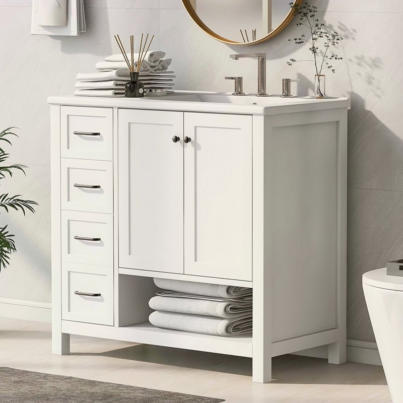 Meuble-lavabo 36 po avec comptoir d'évier, meuble-lavabo avec deux portes et deux tiroirs, bois massif, tablette ouverte, panneaux de fibres à densité moyenne, un paquet