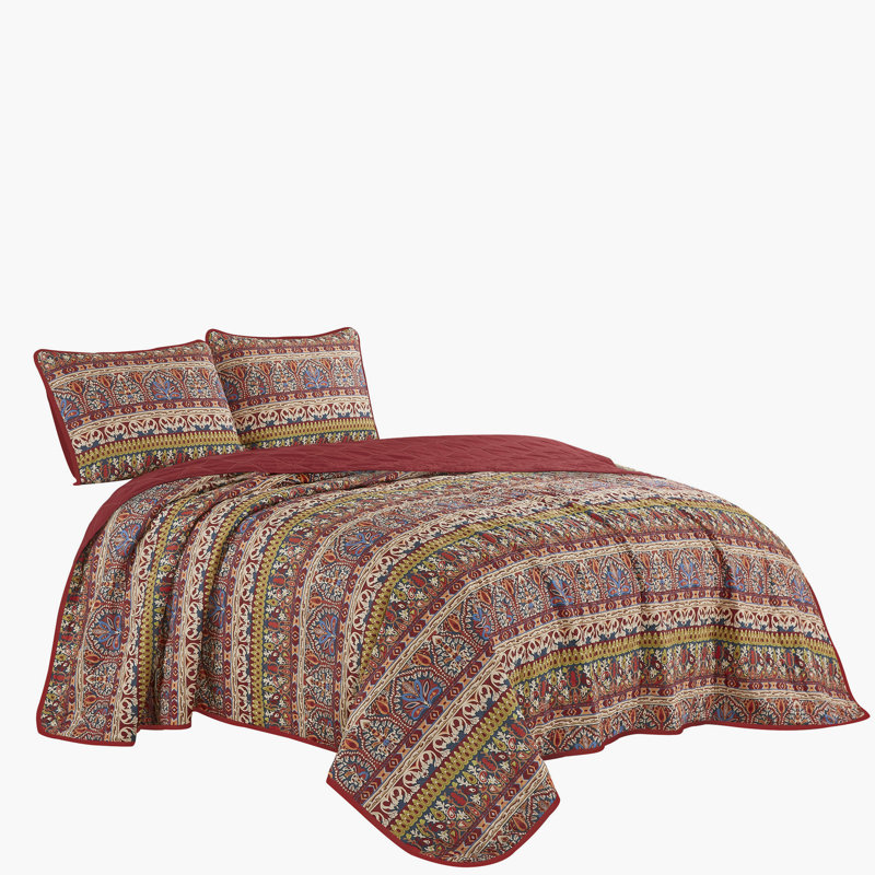 Ensemble de couvre-lit matelassé réversible 3 pièces Red Boho, Couvre-lit très grand + 2 taies d'oreiller très 