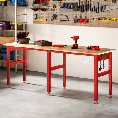 Établi robuste et réglable Alok avec prises de courant, capacité de 6 000 lb, plateau en bois d'hévéa pour garage, atelier, bureau