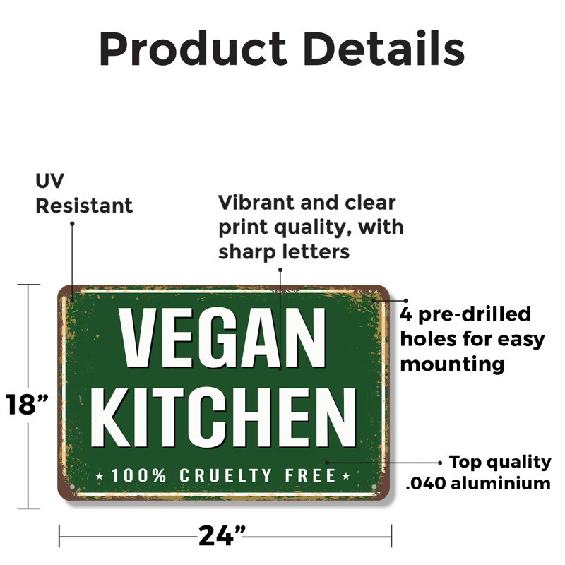 Enseigne de fantaisie en aluminium Vegan Kitchen Street 18 po x 24 po, H 18 po x l 24 po x P 0,1 po