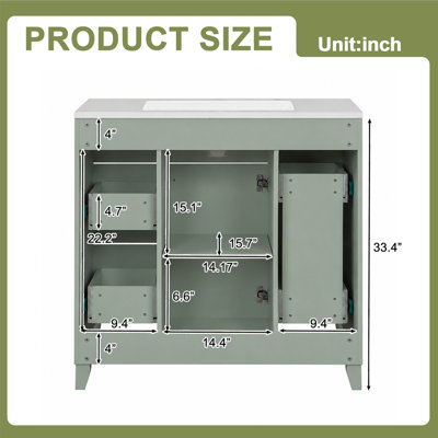 Meuble-lavabo 36 po avec lavabo en céramique, cadre en bois massif vert, portes à fermeture en douceur, tablettes réglables, 3 tiroirs, y compris un tiroir à double profondeur pour le rangement du sèche-cheveux (ancien numéro de référence: N729P25