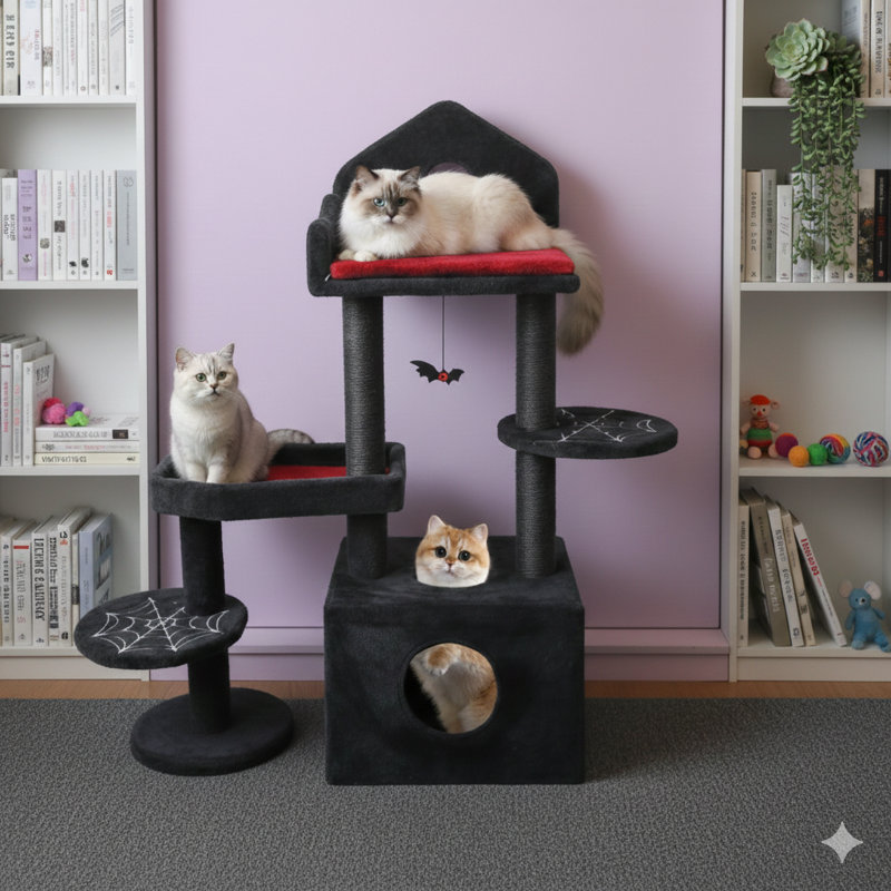 Tour à chat de 44,5 pouces de style gothique noir, thème effrayant, multi-niveaux avec poteaux à griffer, plateformes perchoirs, hamac et grotte cachée, comprend un jouet interactif, idéal pour plusieurs félins
