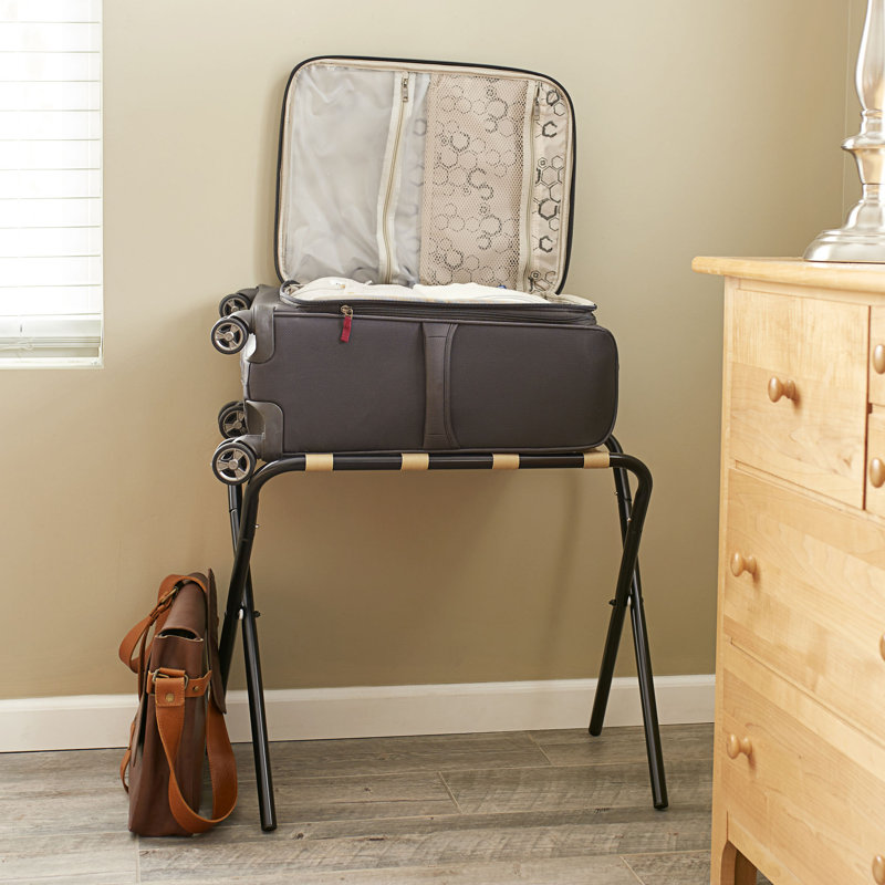 Collapsible Luggage Rack Travel and Guestroom Organizer with Frame and Straps Black and Khaki, Black
