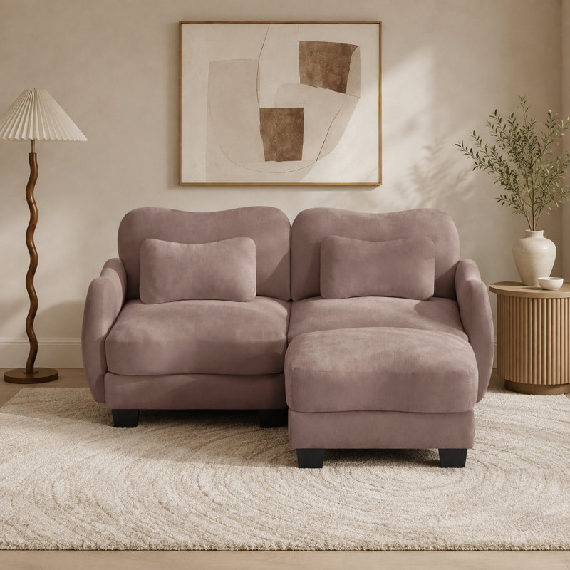 Canapé courbé Rosman avec repose-pieds, repose-pieds et coussins lombaires en chenille, Rose poussière