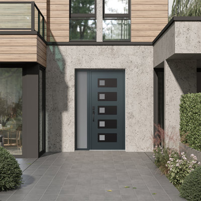 D2 Right-Hand 50 In. X 80 In. Panel Black Steel Anthracite And Anthracite Frosted Glass With Sidelite Frosted Glass Prehung Front Entry Door
