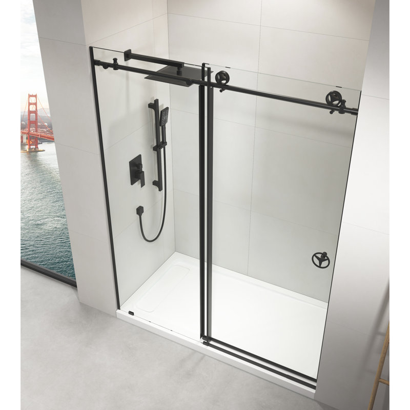 Porte de douche coulissante en verre transparent l 60 po x H 76 po en noir mat - coulissant pratique à gauche ou à droite, rouleaux silencieux, matériaux, séparation de l'eau