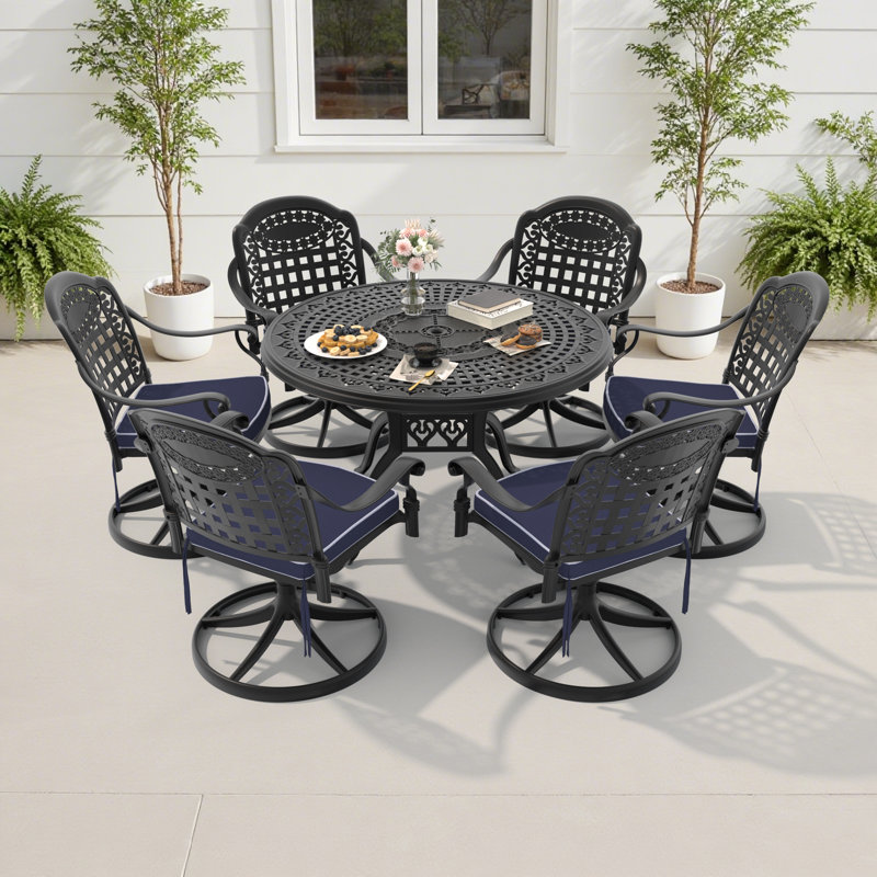 Ensemble de salle à manger d'extérieur rond 7 pièces de 120 cm (47,24 po) avec trou pour parasol, 6 chaises pivotantes, coussins bleus