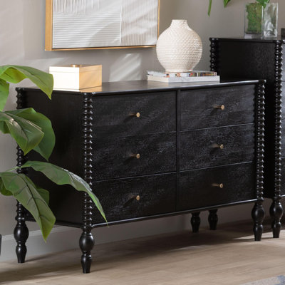 Baxton Studio Rockwell Spindle Dresser - 6-Drawer Farmhouse Horizontal Cabinet with Turned Accents for Bedroom, Black