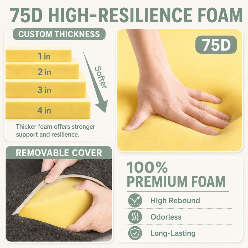 1'' H Customizable Bench Cushion For Indoor/Outdoor Furniture/Chair/Window Seat, Premium 75D High-Resilience Foam, Light Gray