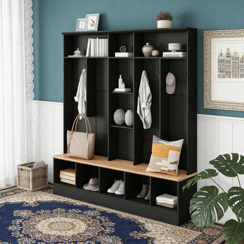 Wide Hall Tree With Storage Bench, Shoe Cabinet With Cube Storage, Shelves & 8 Hooks, Minimalist Entryway Coat Rack, Black