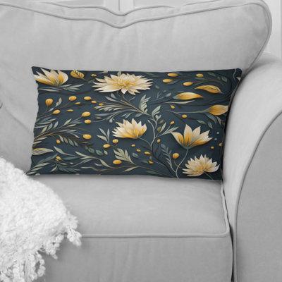 Coussin en polyester jaune et bleu avec fleurs tranquilles et zen