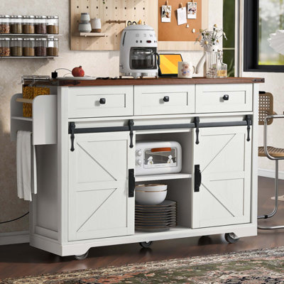 Îlot de cuisine de 53,7 po avec prise de courant, 2 îlots de rangement pour porte de grange coulissante avec abattant, support à épices sur roulettes