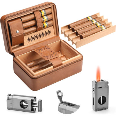 Étui à cigares de voyage double couche pour 11 cigares, étui à cigares en cuir avec doublure en cèdre espagnol, hygromètre et humidificateur intégrés, allume-torche avec coupe-V, conception étanche