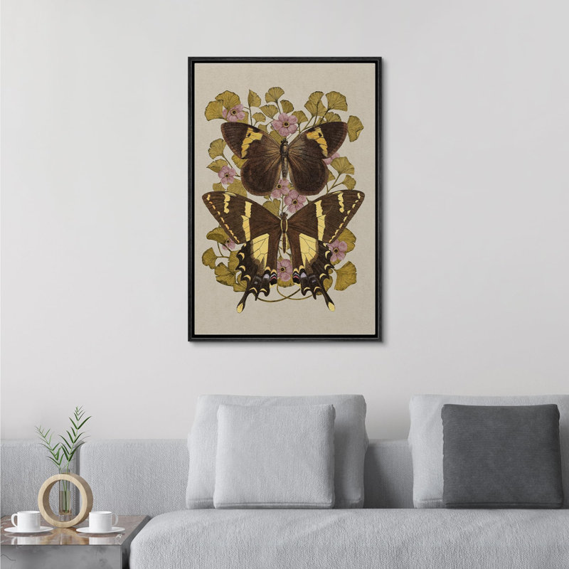 Animaux, papillon brun et feuilles de ginko, illustrations sur, Cadre flottant noir, H 36 po x l 24 po