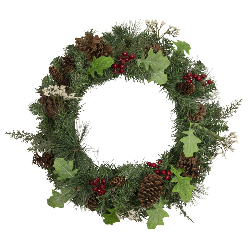 Couronne de Noël artificielle décorative en pin et baies non éclairée 24 pouces