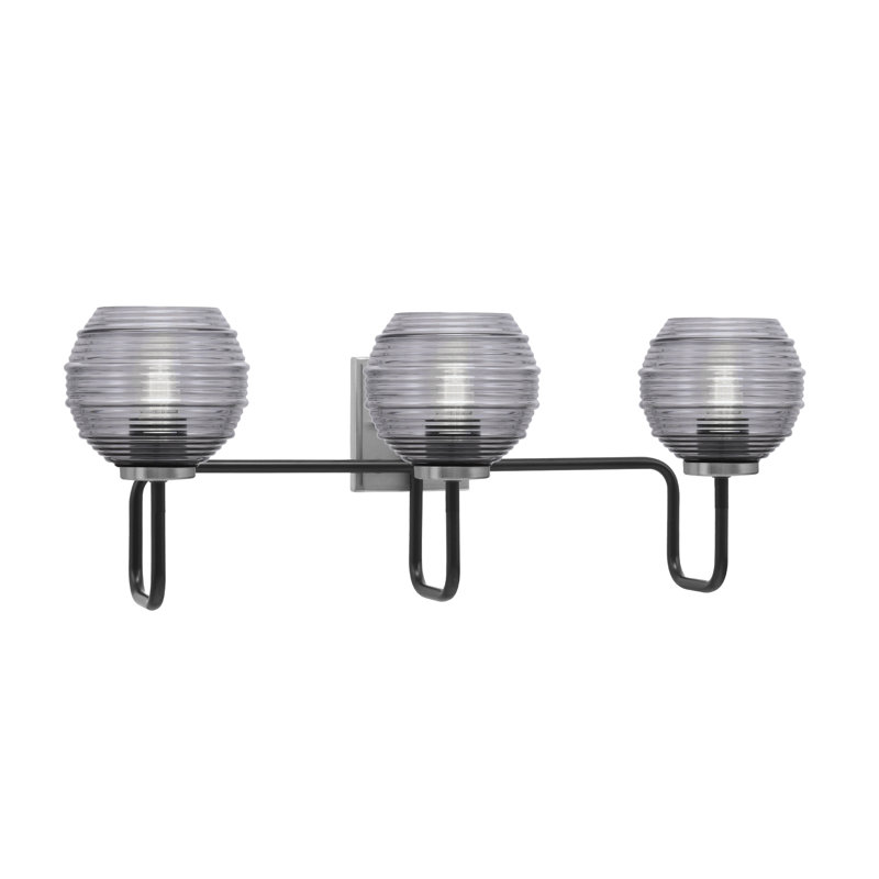 Barre d'éclairage de salle de bain 3 lumières Amarmula, noir mat et finition graphite, verre fumée 6 po, Transparent/noir