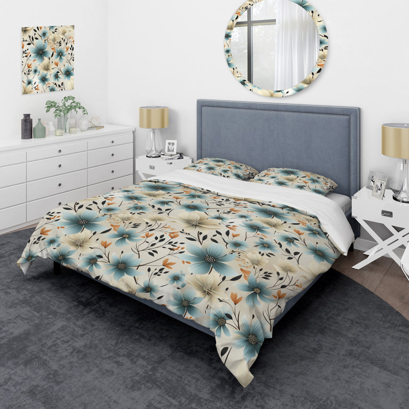 Ensemble de housse de couette à motif floral gris et bleu minimalisme, Housse de couette simple + 1 taie décorative stan