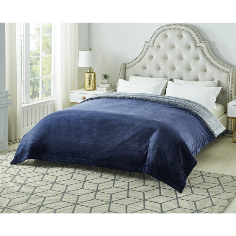 Couverture en flanelle Zakary Sherpa, Très grand, Bleu marine