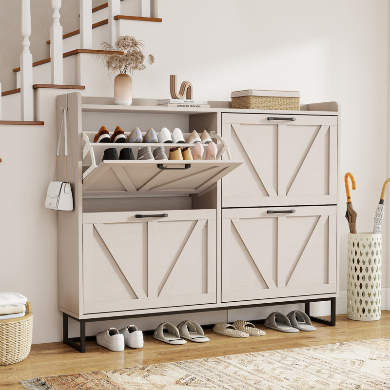 Armoire de rangement pour chaussures 47,2 po avec 4 tiroirs rabattables, armoire à chaussures pour entrée, couloir, blanc vieilli