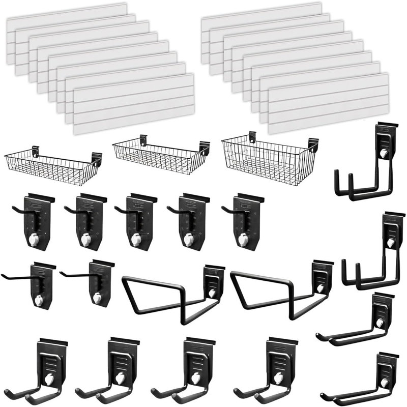 Symple Stuff Garage Slat Wall Storage Kit White Heavy Duty Garage Wall Organizer for Power, Kayak, Garden & Lawn Tools with Twist Lock Mechanism | 22 Accessories | 24 x 1.22m (4ft) Panels