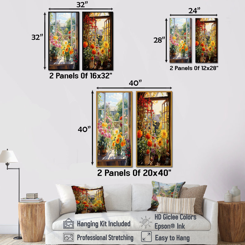 Fleurs d'été, vue de fenêtre à la ferme II - ensemble d'art mural en toile pour fenêtre, Cadre flottant blanc