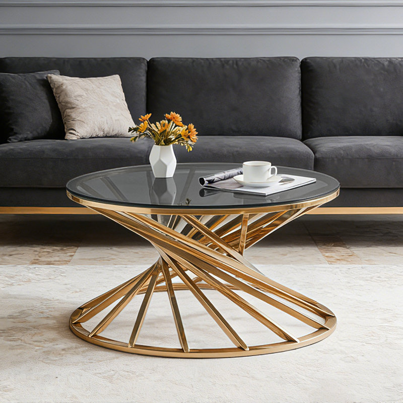 Pedestal 80 CM Round Glass Coffee Table For Stainless Steel Spiral Frame, Gold