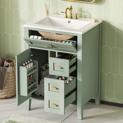 Meuble-lavabo de salle de bain avec lavabo, panneau de fibres à densité moyenne et bois d'hévéa, 3 tiroirs et armoire avec porte de rangement à 2 niveaux