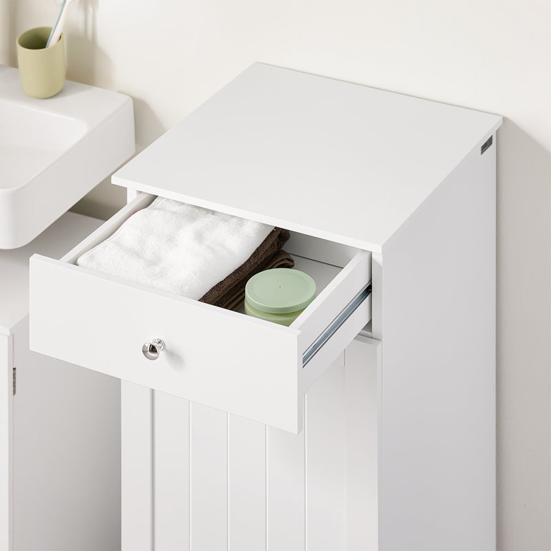 Tilt Out Laundry Hamper Cabinet, Bathroom Storage Cabinet with Drawer and Removable Basket, Freestanding Narrow Laundry Sorter for Small Spaces, White