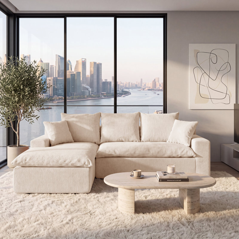 Canapé d'angle modulaire en forme de L de 235 cm (92,5 po), en chenille avec ressorts ensachés, 2 pièces, canapé moderne à assise profonde, canapés rembourrés pour salon, couleur crème
