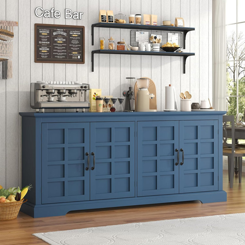 70" Wood Buffet Cabinet, Farmhouse Buffet Sideboard Cabinet with 4 Doors and Adjustable Shelves, Coffee Bar Storage Cabinet for Kitchen, Living Room