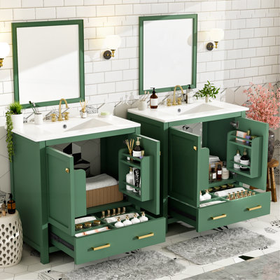 Ensemble de meuble-lavabo vert 60 po avec double meuble-lavabo (séparé), double lavabo en céramique, tablette de rangement et tiroirs séparés (miroir non inclus) - Solution de salle de bain moderne pour salles de bain spacieuses