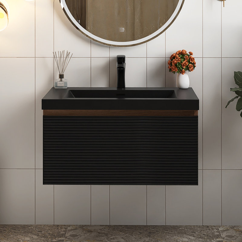30 In. W Single Sink Wall-Mounted Bath Vanity In Nature Oak With Matte Black Resin Top