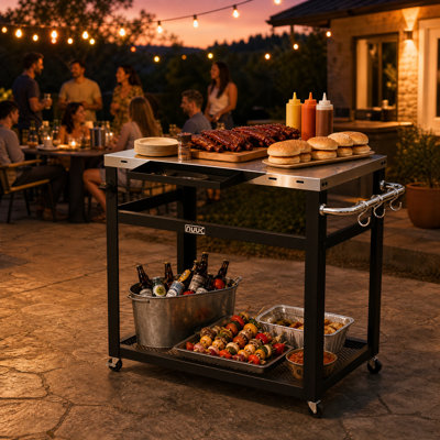 Chariot de gril et table de préparation pour l'extérieur 30 po x 20 po avec plateau en acier inoxydable, station de préparation pour barbecue avec roulettes
