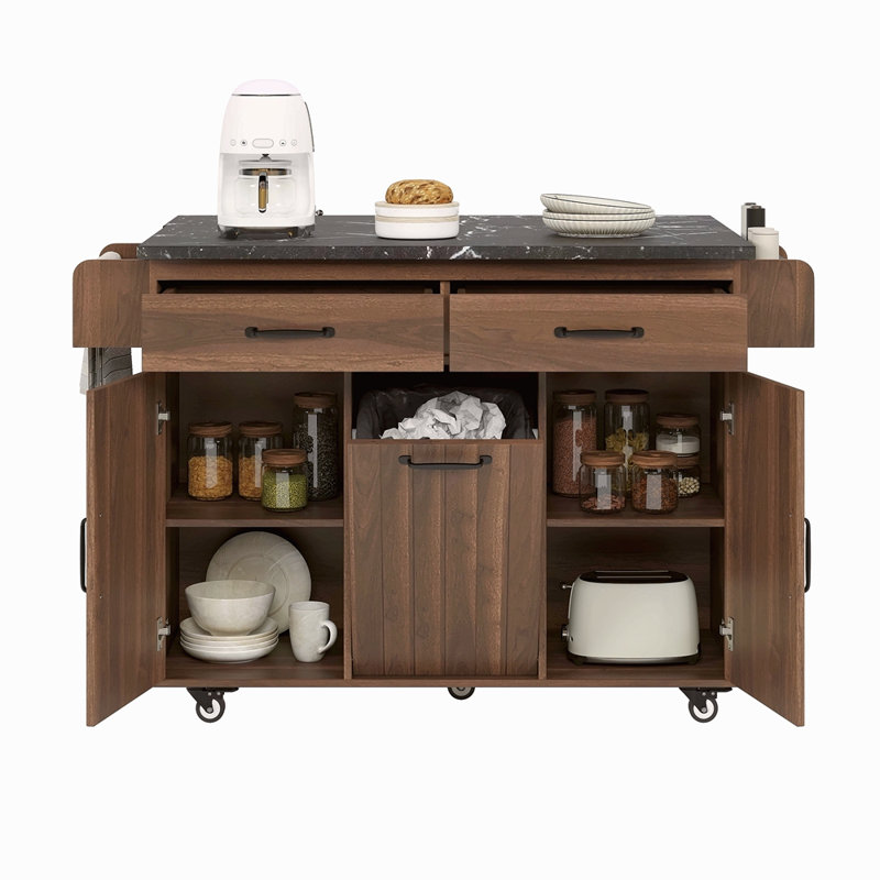 Îlot de cuisine avec armoire de rangement pour poubelle, chariot de cuisine avec abattant, support à épices, porte-serviettes et tiroir, îlot de cuisine sur roulettes avec tablette réglable
