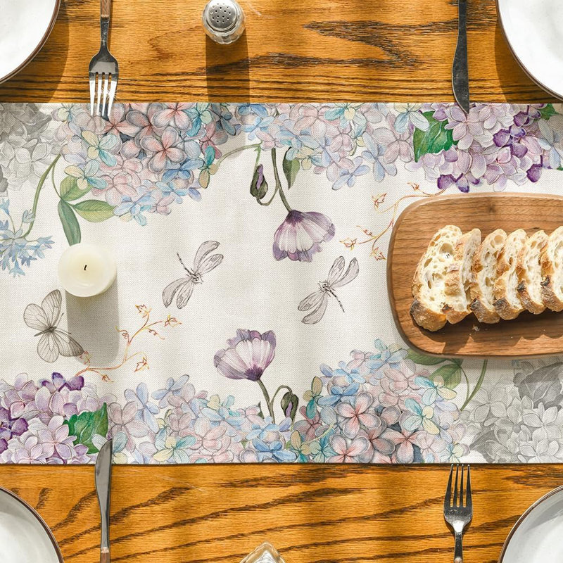 Chemin de table libellule et hortensia - multicolore - 13 x 72 pouces, décoration de printemps et d'été