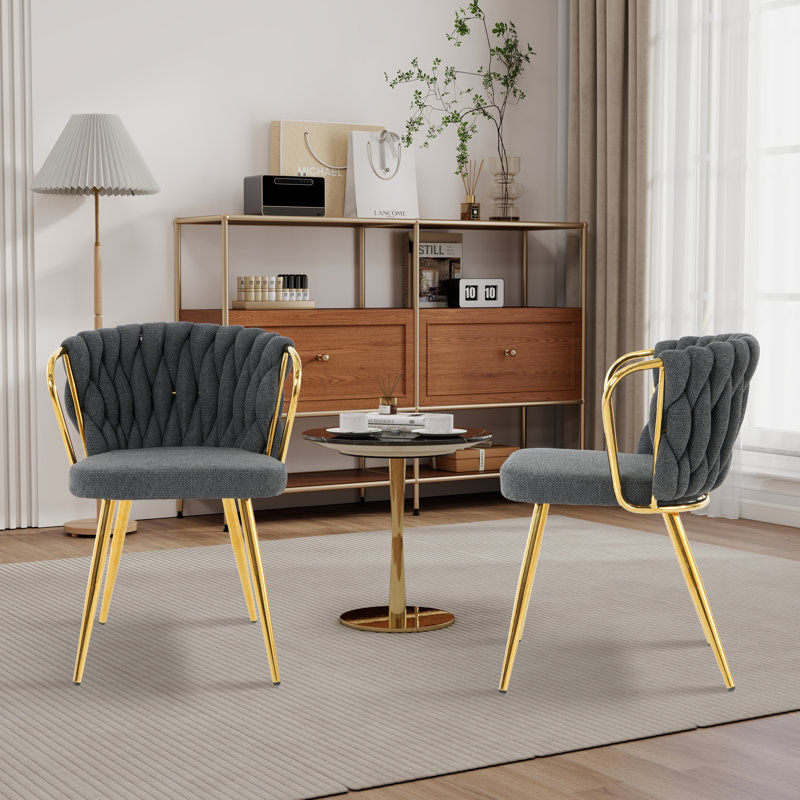 Chaise de salle à manger rembourrée en métal (ensemble de 2), Gris foncé, Doré