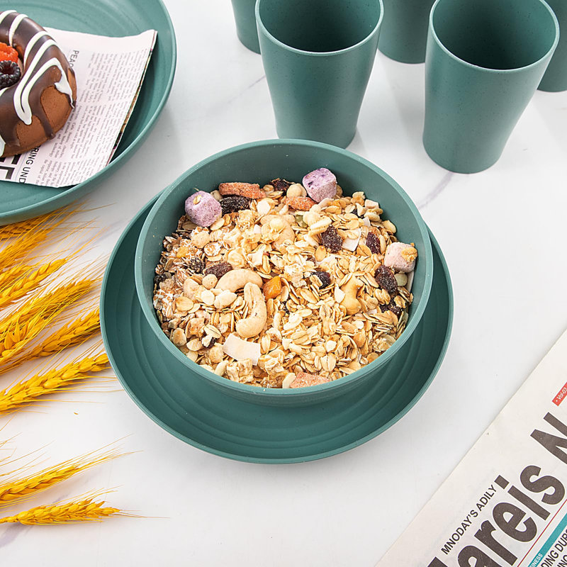 Dark Green Wheat Straw Unbreakable Dinnerware Set for 8