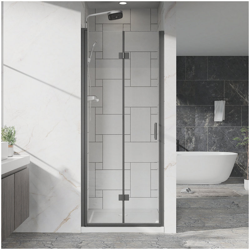 Panneau de douche pivotant en verre trempé 30 po x 72 po pliable sans cadre 1/4 po (6 mm) en verre trempé au fini noir, installation réversible