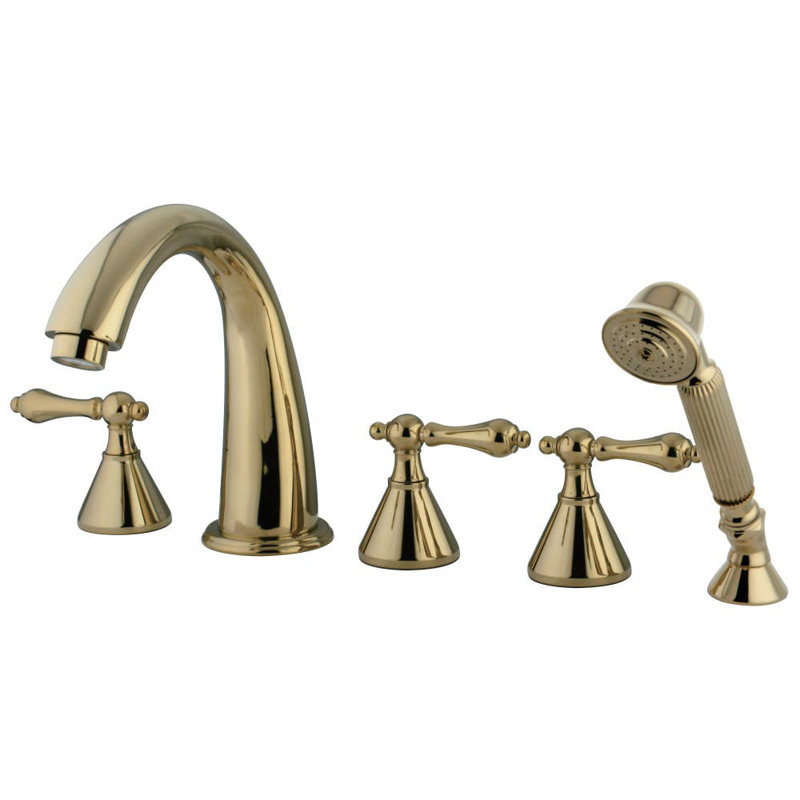 Kingston Brass Roman Three-Handle 5-Hole Deck Mount Roman Tub Faucet with Hand Shower, Polished Brass