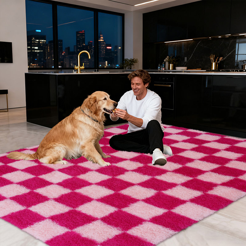 Plush Checkered Shag Area Rug - Soft Fluffy Hot Pink Grid Fleece Carpet for Living Room, Bedroom, Dry-Clean Only, High-Pile Shaggy Rug with Modern Checkerboard Pattern, Cozy Non-Slip Floor Decor for Contemporary Home Spaces