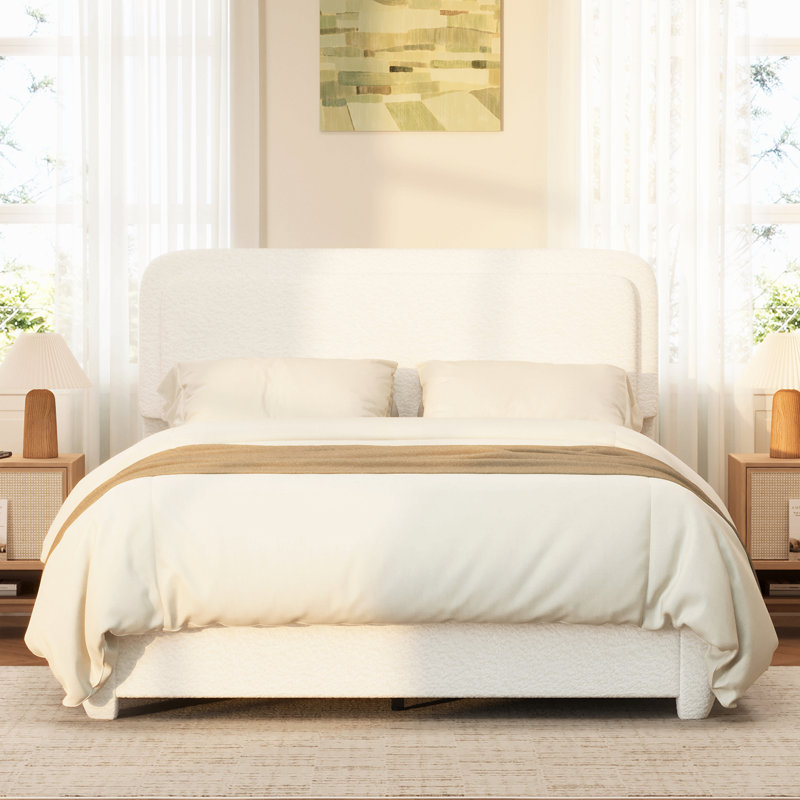 Structure de lit Boucle avec tête de lit à hauteur réglable, lit plateforme moderne avec tête de lit courbée, lit plateforme élégant en tissu Boucle