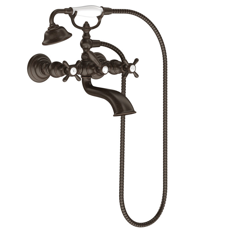 Weymouth Double Handle Wall Mounted Tub Spout Trim with Diverter and Handshower, Oil Rubbed Bronze