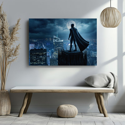 Canvas A Dark Brooding Superhero Stands Atop A Gothic Skyscraper Gazing Wall Art Over A Sprawling Cityscape Under A Full Moon The Canvas Wall Art