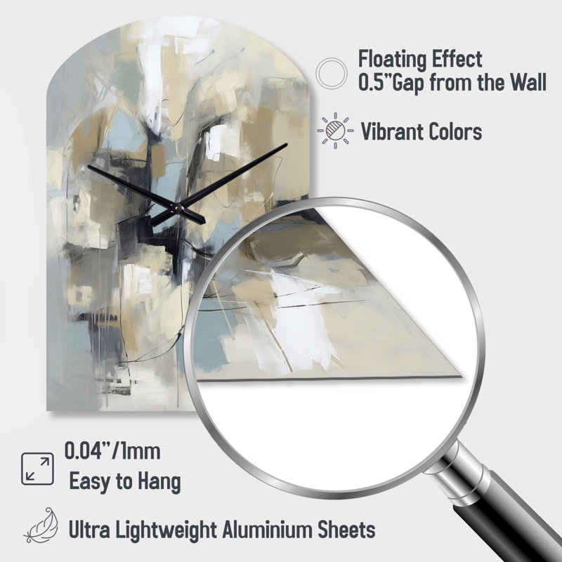 Beige And Grey Unbounded Creativity I - Arch Shape Large Abstract Painting 3D Wall Clock, Medium