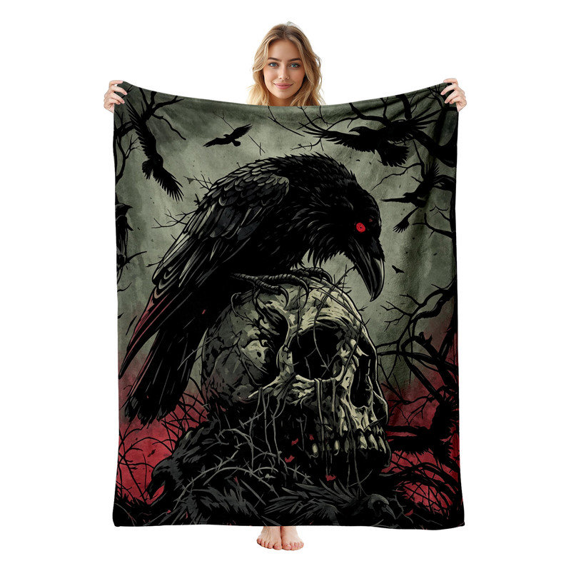 Couverture polaire en flanelle JYK pour l'Halloween, légère, respirante, douce et chaude en microfibre pelucheuse, 76 x 102 cm, motif branches et crâne de corbeau